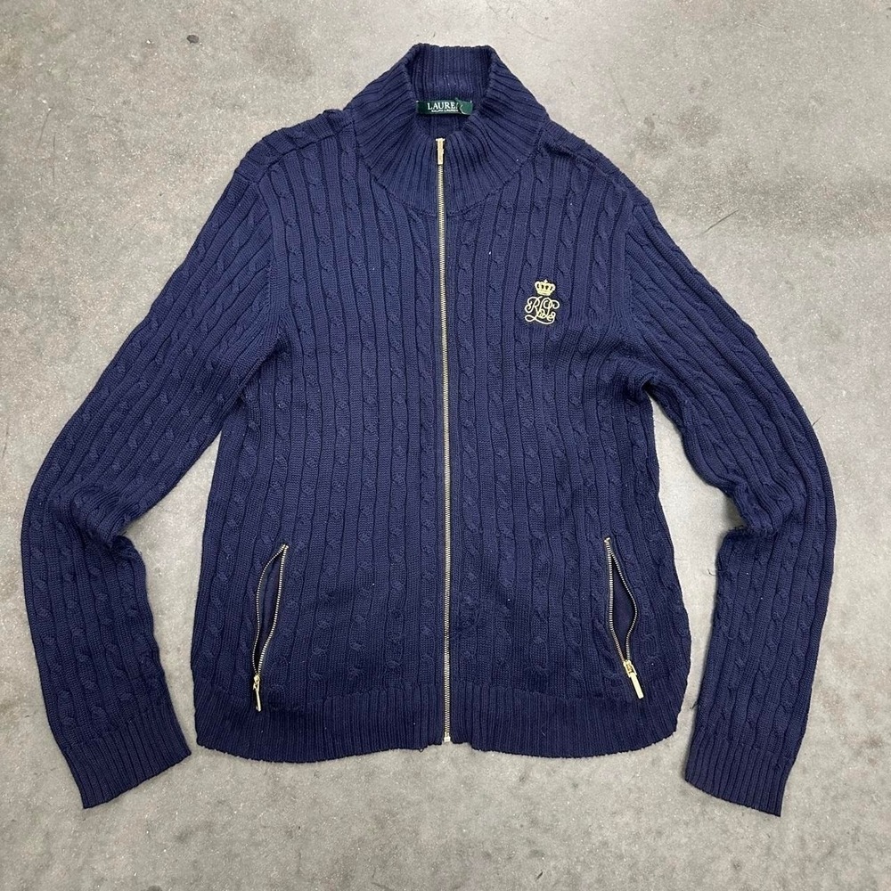 *SOLD* lauren ralph lauren Navy cable knit full zip cardigan sweater gold cres M